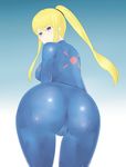  1girl ass blonde_hair blue_eyes blush bodysuit breasts cameltoe gosuton highres huge_ass large_breasts long_hair looking_back metroid ponytail pov_ass samus_aran simple_background skin_tight solo tsundere zero_suit 