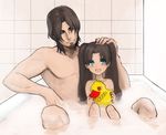  1girl :d aqua_eyes arm_support bath bathtub black_hair blush child facial_hair fate/zero fate_(series) father_and_daughter flat_chest gilgamesh goatee hair_over_one_eye hand_on_another's_head holding indoors long_hair looking_at_another looking_at_viewer mixed_bathing natsu_yasai nude open_mouth partially_submerged petting rubber_duck short_hair sitting sitting_on_lap sitting_on_person smile tile_wall tiles toosaka_rin toosaka_tokiomi twintails water 