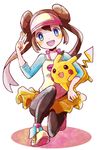  female_protagonist_(pokemon_bw2) mei_(pokemon) pantyhose pikachu pokemon pokemon_(game) pokemon_bw2 smile visor 