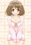  bikini blush breasts brown_eyes brown_hair cleavage hairband headset hood hoodie idolmaster idolmaster_cinderella_girls kanraku large_breasts mimura_kanako navel open_clothes short_hair sleeves_past_wrists smile solo swimsuit unzipped 