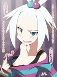  bad_id bad_pixiv_id blue_eyes breasts downblouse fang flashing hair_bobbles hair_ornament highres homika_(pokemon) kiryu_manzoku multicolored_shirt nipples open_mouth pokemon pokemon_(game) pokemon_bw2 shirt shirt_pull small_breasts solo striped striped_shirt sweat translated white_hair 