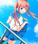  black_legwear blue_eyes blush cloud day from_behind long_hair looking_at_viewer looking_back ok-ray open_mouth original pink_hair railing school_uniform skirt skirt_lift sky solo thighhighs twintails 