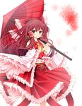  blush bow brown_hair dress frills gamuo hair_bow hair_tubes hakurei_reimu highres long_hair oriental_umbrella red_eyes smile solo touhou umbrella 