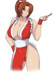  1girl bare_shoulders black_eyes blush breasts brown_hair cleavage curvy erect_nipples fatal_fury gureko_rouman hand_on_hip highres huge_breasts japanese_clothes king_of_fighters large_breasts legs long_hair looking_at_viewer panties ponytail shiranui_mai simple_background smile snk spiral_brain standing thighs underwear wink 