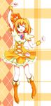  ;d boots bow choker cure_pine dress fresh_precure! hair_bow hair_ornament heart heart_hair_ornament highres one_eye_closed open_mouth orange_choker precure smile solo yamabuki_inori yuzuhara902 