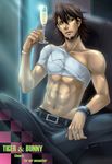  abs alcohol bad_id bad_pixiv_id bandages bracelet brown_eyes brown_hair couch cup drinking_glass facial_hair jewelry kaburagi_t_kotetsu male_focus redemption13 ring shirtless sitting solo stubble tiger_&amp;_bunny watch wedding_band wine wine_glass wristwatch 