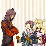  1girl 2boys aimaria34 black_hair blonde_hair brown_eyes coat crossed_arms gaius_(tales) height_difference jude_mathis long_hair milla_maxwell multiple_boys nervous red_eyes surcoat tales_of_(series) tales_of_xillia yellow_background 