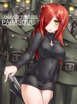  1girl bare_legs black_egrets blush breasts cross cross_necklace erect_nipples hair_over_one_eye impossible_clothes impossible_shirt inverted_cross jewelry kageshio_(276006) large_breasts long_hair miniskirt necklace parasoul_(skullgirls) red_hair shirt skirt skullgirls soldier sweater umbrella weapon yellow_eyes 