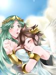  1boy 1girl bare_shoulders breasts brown_hair green_eyes green_hair hug jewelry kid_icarus long_hair lots_of_jewelry nintendo palutena pit pit_(kid_icarus) pixiv_thumbnail resized short_hair wasabi_(legemd) wings 