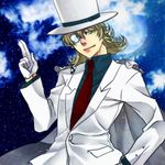  bad_id bad_pixiv_id barnaby_brooks_jr blonde_hair cape cosplay formal full_moon gloves green_eyes hat hayashi_(gz) jewelry kaitou_kid kaitou_kid_(cosplay) male_focus meitantei_conan monocle moon necklace solo suit tiger_&amp;_bunny top_hat white_gloves 