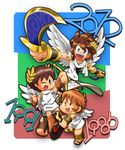  arrow bow_(weapon) brown_hair child dual_wielding feathered_wings kid_icarus male_focus multiple_persona nintendo pit pit_(kid_icarus) pixiv pixiv_thumbnail resized sandals solo sword then_and_now toga weapon wings 