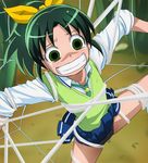  bike_shorts clenched_teeth dilated_pupils face green_eyes green_hair haruyama_kazunori midorikawa_nao minigirl nanairogaoka_middle_school_uniform ponytail precure scared school_uniform silk skirt sleeves_rolled_up smile_precure! solo spider_web tears teeth 