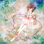  bird_cage birdcage bow brown_hair cage choker dress eyes_closed flower ribbon rose roses star stars summer_dress sundress 