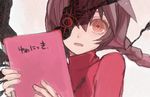  braid brown_hair drawr madotsuki oekaki open_mouth pink_shirt red_eyes ringed_eyes shirt solo sweater turtleneck twin_braids yume_nikki yurari_(co10rs) 