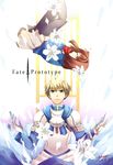  1girl armor arthur_pendragon_(fate) black_hair black_legwear blonde_hair blue_eyes copyright_name falling fate/prototype fate_(series) glasses green_eyes logo long_hair pantyhose puyue sajou_ayaka 