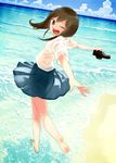  :d barefoot beach blush brown_eyes brown_hair feet holding holding_shoes looking_back mizu_asato ocean one_eye_closed open_mouth original outstretched_arms shoes skirt smile solo spread_arms wading water 