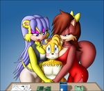  blue_eyes blush breasts brown_hair canine cleavage clothed clothing dress female fiona_fox fox grope hair knownvortex male mammal miles_prower mina_mongoose orange_hair sega smile sonic_(series) 