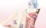  :o bad_id bad_pixiv_id barefoot blue_eyes blue_hair breasts cat cleavage collarbone feet floral_print glasses highres japanese_clothes kimono legs looking_at_viewer medium_breasts nekobaka off_shoulder original red-framed_eyewear sitting solo yagasuri 