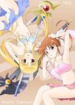  arm_up armpits bad_id bad_pixiv_id bardiche bikini blonde_hair blue_eyes bow brown_hair character_name fate_testarossa front-tie_top hair_bow highres kamiyubi_saro long_hair lyrical_nanoha mahou_shoujo_lyrical_nanoha mahou_shoujo_lyrical_nanoha_the_movie_1st multiple_girls navel raising_heart red_eyes sarong scythe short_twintails staff swimsuit takamachi_nanoha twintails 