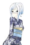  bad_id bad_pixiv_id blue_eyes blue_hair glasses highres japanese_clothes kimono nekobaka obi original ponytail red-framed_eyewear sash smile solo white_background 