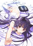  animal_ears bed_sheet blush butt_crack fake_animal_ears folded_clothes foreshortening gokou_ruri hands long_hair lying metallican mole mole_under_eye on_side ore_no_imouto_ga_konna_ni_kawaii_wake_ga_nai panties purple_hair red_eyes solo thighhighs underwear white_legwear white_panties 