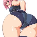  ass ass_focus bare_shoulders bent_over busou_shinki close-up dd_(ijigendd) gloves looking_back open_mouth pink_hair purple_eyes simple_background smile solo thigh_gap thighhighs zelnogrard 
