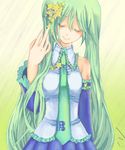  alternate_hair_color alternate_hairstyle bad_id bad_pixiv_id bare_shoulders closed_eyes detached_sleeves fang_xue_jun gradient gradient_background green_hair hatsune_miku highres long_hair necktie smile solo star very_long_hair vocaloid 