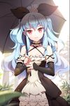  bare_shoulders blue_hair detached_sleeves dress flower frilled_dress frills gilse hair_ribbon holding linus_falco long_hair looking_at_viewer lowres open_mouth red_eyes ribbon rose smile solo sword_girls umbrella very_long_hair wavy_hair 