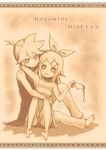  1girl arm_around_neck bad_id bad_pixiv_id barefoot brother_and_sister character_name copyright_name cup hair_ornament hairband hairclip holding kagamine_len kagamine_rin monochrome ria sepia siblings sitting smile spilling teacup twins vocaloid 