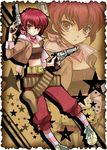  belt brown_background dual_wielding full_body gun holding iria_animi jacket pants pantyhose pantyhose_under_trousers red_eyes red_hair shoes short_hair solo star starry_background striped striped_legwear tales_of_(series) tales_of_innocence tomo_3 very_short_hair weapon zoom_layer 