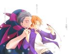  ^_^ bad_id bad_pixiv_id blood caster_(fate/zero) closed_eyes command_spell fate/zero fate_(series) grey_hair jacket male_focus maliarda multiple_boys orange_hair purple_jacket translated uryuu_ryuunosuke white_background 