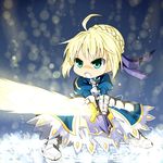  :o ahoge armor armored_dress artoria_pendragon_(all) blonde_hair chibi dress excalibur fate/zero fate_(series) gauntlets glowing glowing_sword glowing_weapon green_eyes hair_ribbon light_particles ribbon saber solo sword wabi_(wbsk) weapon 