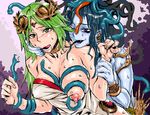  2girls bare_shoulders black_hair blue_skin blush breasts fangs goddess green_eyes green_hair hottiku jewelry kid_icarus kid_icarus_uprising lots_of_jewelry medusa medusa_(kid_icarus) monster_girl multiple_girls nintendo nipples no_humans palutena purple_eyes snake snake_hair tongue yuri 