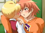  1boy 1girl blonde_hair blush breasts brown_eyes child eye_contact hyuuga_mayuki izumi_sanae large_breasts looking_at_another lowtech-city makino_tomoyasu orange_hair shota straight_shota suteki_tantei_labyrinth 