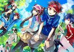  4boys adjusting_clothes adjusting_hat bad_id bad_pixiv_id bare_shoulders baseball_cap blue_eyes blue_hair brown_eyes brown_hair cloud copyright_name day denim denim_shorts double_bun green_hair hair_over_one_eye hat hue_(pokemon) ichi_kawa_ichi jacket kyouhei_(pokemon) mei_(pokemon) multiple_boys multiple_girls n_(pokemon) pantyhose pokemon pokemon_(game) pokemon_bw pokemon_bw2 ponytail raglan_sleeves red_eyes ribbon shorts skirt sky touko_(pokemon) touya_(pokemon) tree twintails visor_cap watch wristwatch 