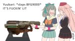  2girls bfg_9000 crossover doom_(game) english fang girls_frontline green_hair guin_guin hair_ribbon hat kantai_collection long_hair meme multiple_girls ntw-20_(girls_frontline) pink_hair profanity ribbon signature skirt stand uniform wristband yuubari_(kantai_collection) 