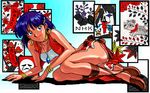  90s bandana blue_eyes bob_cut bracelet card cross-laced_sandals dark_skin dithering earrings flower fushigi_no_umi_no_nadia gargoyle_(nadia) hair_ornament hairclip hanafuda hood jewelry king_(nadia) leaf light_smile lion long_legs lying maple_leaf mask nadia neck_ring necklace non-web_source official_art oldschool panties pantyshot pelvic_curtain pixel_art playing_card purple_hair short_hair strapless translated tree tubetop underwear vest 