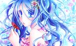  bare_shoulders blue_eyes blue_hair flower haruhi_ayame hatsune_miku long_hair solo vocaloid 