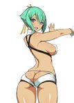  aquarion_(series) aquarion_evol ass bare_shoulders bikini breasts fang from_behind green_hair large_breasts looking_back open_mouth poin purple_eyes revealing_clothes short_hair sideboob simple_background solo swimsuit white_background zessica_wong 