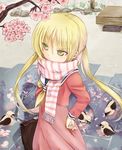  bad_id bad_pixiv_id bird blonde_hair branch fang_xue_jun green_eyes hand_on_hip hayate_no_gotoku! holding long_hair sanzen'in_nagi scarf scarf_over_mouth school_uniform solo striped striped_scarf twintails 