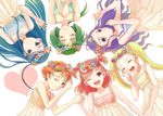  akimoto_komachi blonde_hair blue_eyes blue_hair closed_eyes dress flower green_hair kasugano_urara_(yes!_precure_5) long_hair mamii milk_(yes!_precure_5) mimino_kurumi minazuki_karen multiple_girls natsuki_rin one_eye_closed orange_eyes orange_hair pink_eyes pink_hair precure purple_eyes purple_hair short_hair smile twintails white_background yes!_precure_5 yes!_precure_5_gogo! yumehara_nozomi 