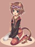  :o animal_ears bad_id bad_pixiv_id blush brown_background brown_hair cat_ears cat_tail choker full_body goggles goggles_on_head green_eyes kemonomimi_mode kneeling rita_mordio short_hair single_thighhigh sitting solo tail tales_of_(series) tales_of_vesperia teu_(navy) thighhighs v_arms wariza 
