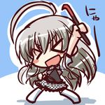  &gt;_&lt; :d ahoge arm_up bow checkered checkered_skirt chibi closed_eyes crowbar haiyore!_nyaruko-san ikkyuu long_hair nyarlathotep_(nyaruko-san) open_mouth silver_hair skirt smile solo standing xd 