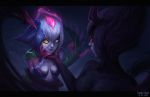  2girls artist_name blue_hair bound breasts chin_grab claws dated demon_girl disguise evelynn green_sclera highres horns league_of_legends lips looking_at_another multicolored multicolored_skin multiple_girls neeko_(league_of_legends) nose pink_sclera short_hair slit_pupils small_breasts smile tran_thanh transformation yellow_eyes yuri 