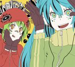  aqua_hair bad_deviantart_id bad_id building crazy_eyes gloves green_hair gumi hands_on_own_face hands_up hatsune_miku headphones hood hoodie jacket lip_piercing long_hair matryoshka_(vocaloid) multicolored multicolored_eyes multiple_girls piercing shiuka short_hair smile smiley_face track_jacket twintails vocaloid 