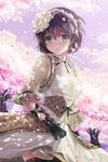  asmis_hara banned_artist black_legwear blush cherry_blossoms dress flower gloves green_eyes hair_flower hair_ornament lowres reum short_hair solo sword_girls thighhighs zettai_ryouiki 