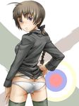  ahoge ass blush braid brown_hair butt_crack eyebrows from_behind hand_on_hip long_hair looking_back lynette_bishop panties parted_lips purple_eyes single_braid solo strike_witches tabigarasu thighhighs underwear white_panties world_witches_series 