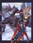  1girl absurdres armor breasts brown_hair claws cleavage full_armor gauntlets glowing helmet highres long_hair medium_breasts monster_hunter monster_hunter_portable_3rd morichika_shuuto red_eyes snow stygian_zinogre_(armor) switch_axe sword weapon zinogre_(armor) 