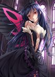  accel_world bare_shoulders black_hair blush bug butterfly butterfly_wings dress elbow_gloves gloves highres insect kuroyukihime long_hair mukunokino_isshiki red_eyes solo very_long_hair wings 