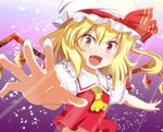  :d ascot bad_id bad_pixiv_id blonde_hair blush e.o. fang flandre_scarlet hat highres open_mouth outstretched_arms outstretched_hand red_eyes ribbon short_hair side_ponytail smile solo touhou upper_body wide-eyed wings 